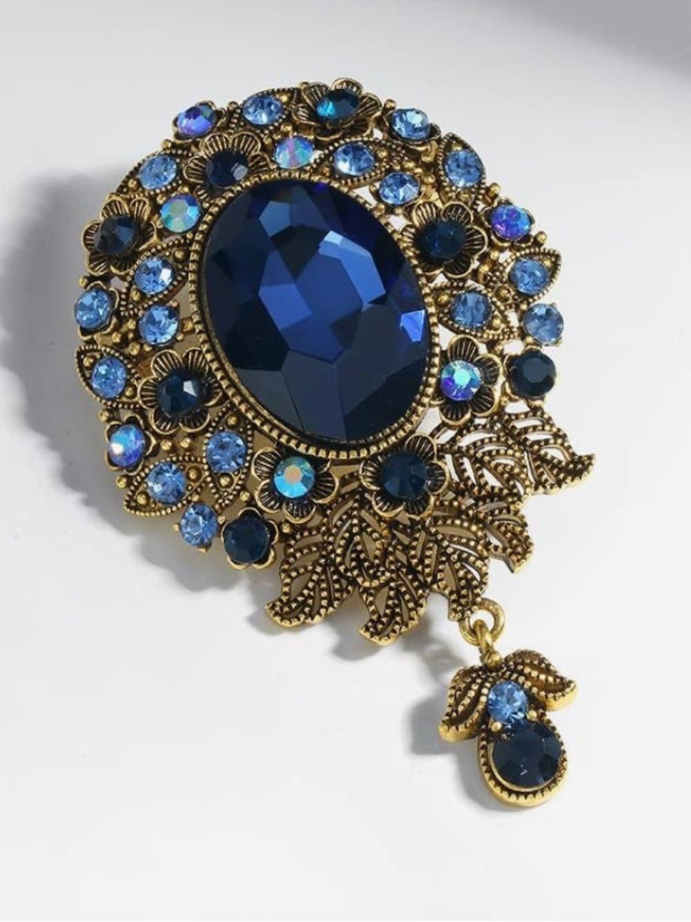 New!!! Anthropologie Gold-Tone Brooch with Dark and Light Blue Crystals